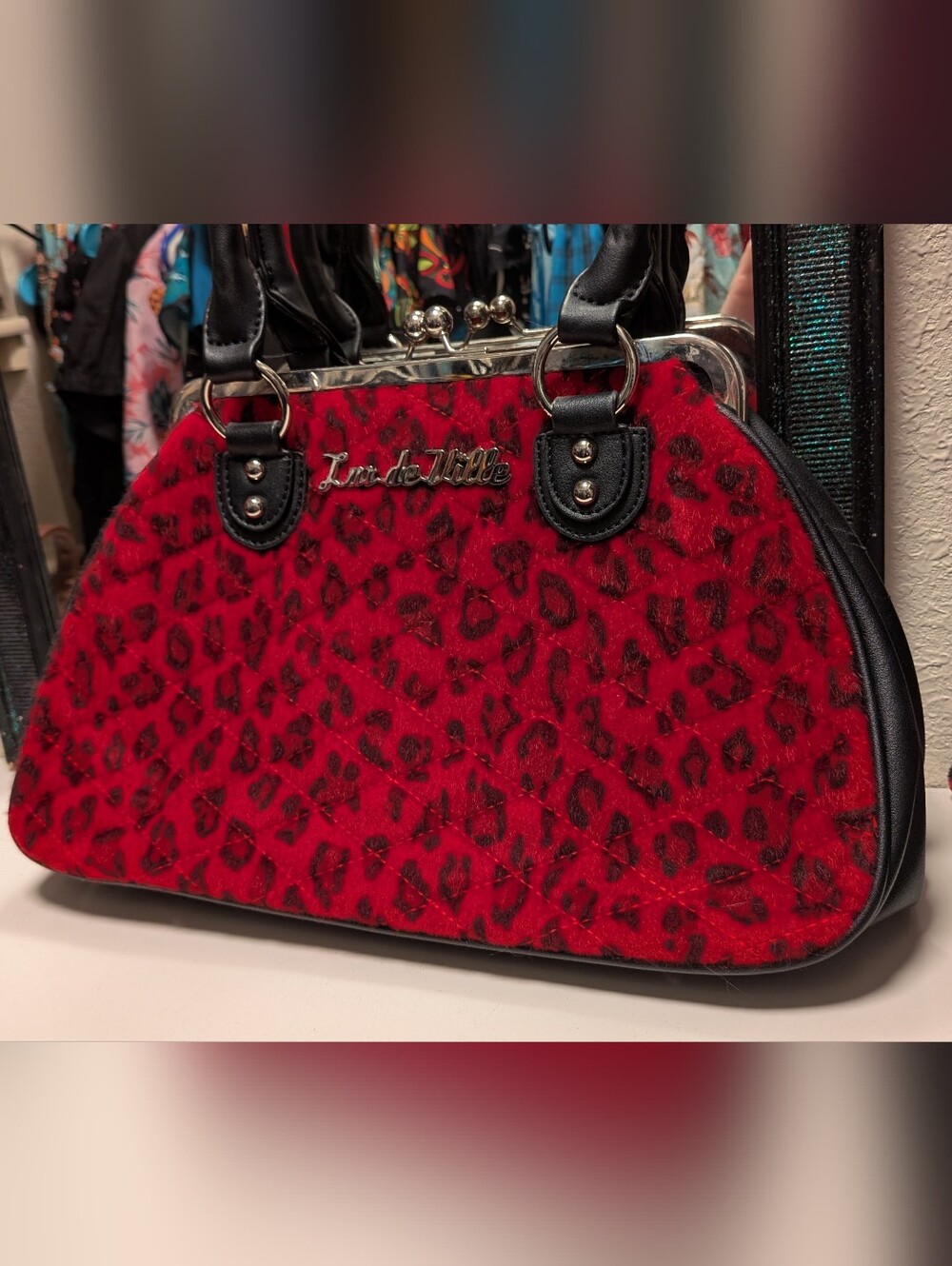 Lux de Ville Red and Black Leopard Quilted Kiss-lock Handbag